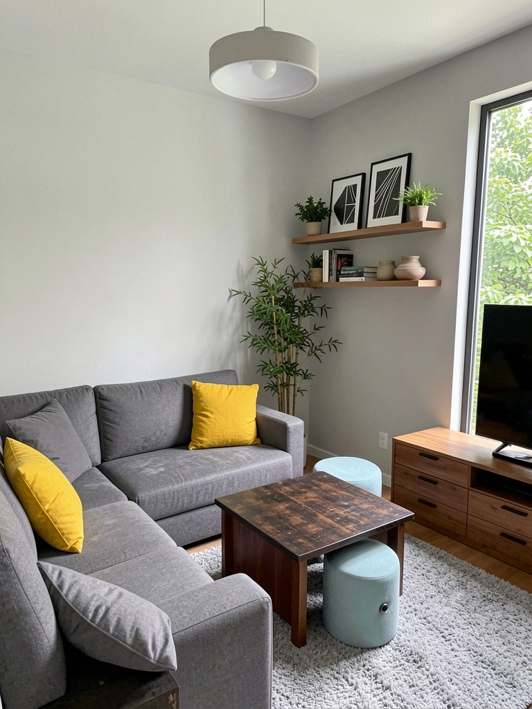 Prateleira acima da TV com plantas, livros e vasos de cerâmica