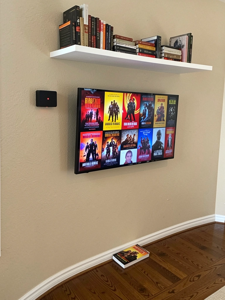 Prateleira sobre TV com livros em pé e deitados, alguns objetos decorativos ao redor