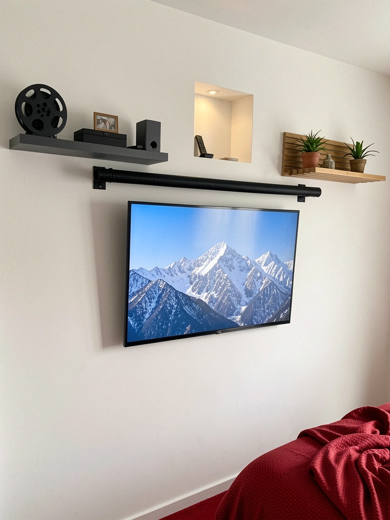 Prateleira flutuante de madeira sobre TV com objetos decorativos