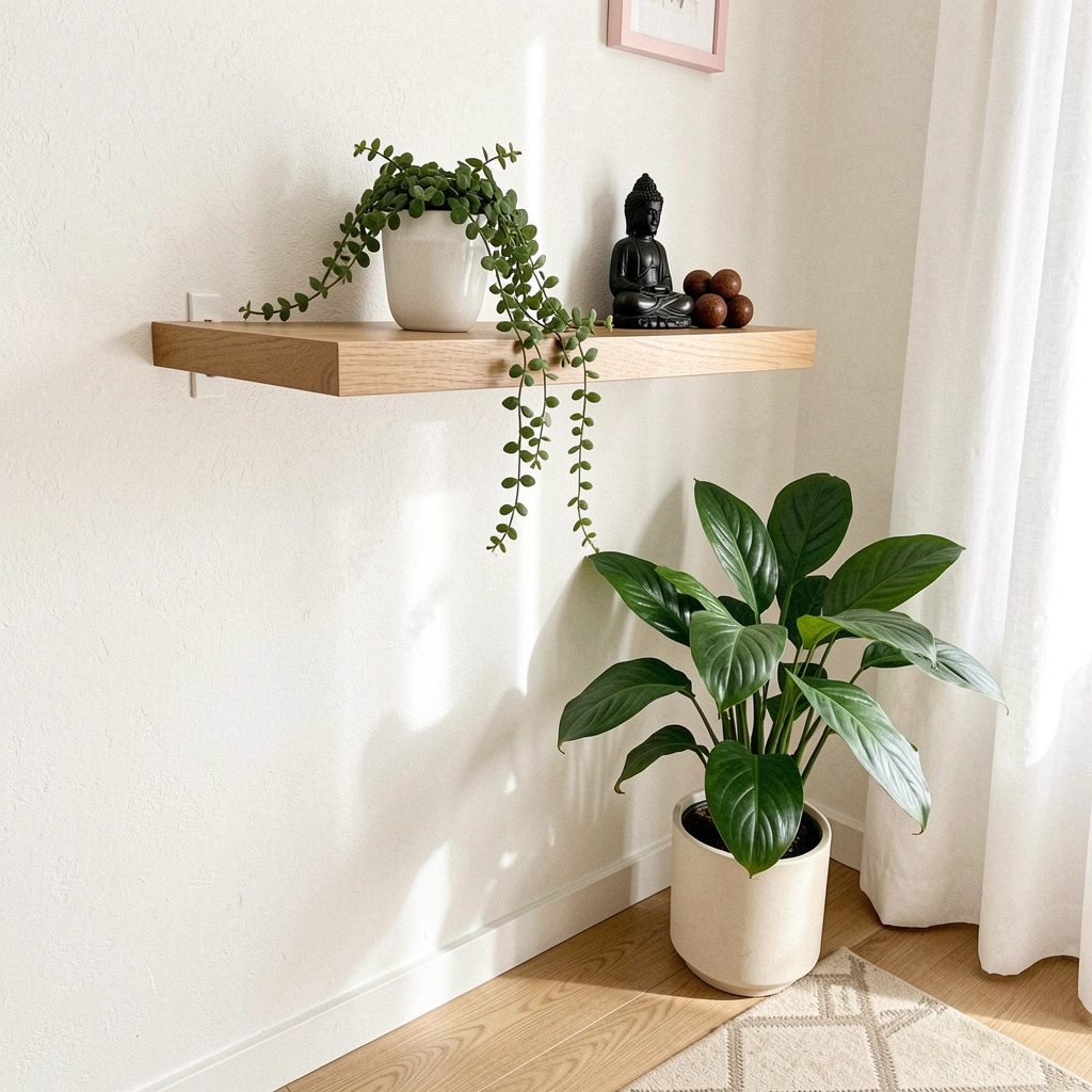 Prateleira flutuante branca sobre parede branca, com suporte invisível, exibindo objetos decorativos