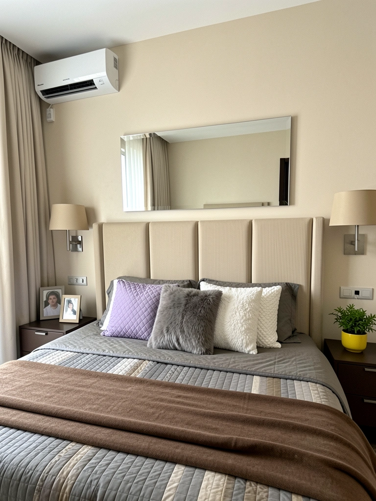 Cama com cabeceira estofada em tecido claro, quarto com iluminação suave e aconchegante
