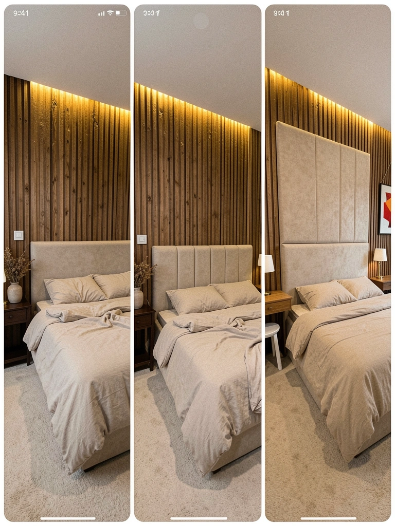 Colagem com três modelos de cabeceira estofada: avulsa, modular e painel de parede.