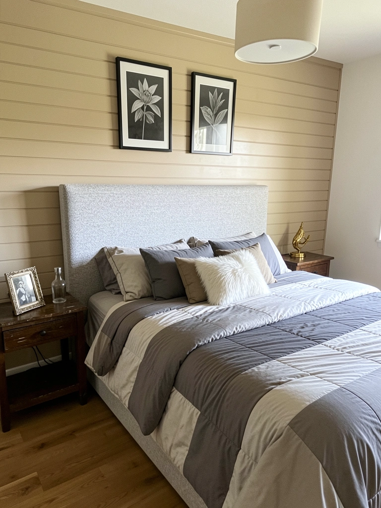 Cabeceira estofada bege encostada na parede, quarto com tons neutros e iluminação suave