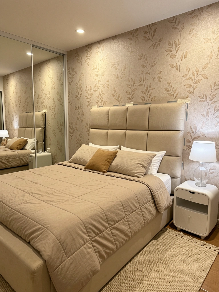 Instalação de cabeceira modular de tecido com fitas adesivas em parede de apartamento