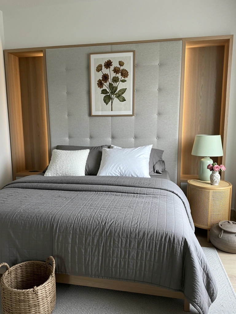 Painel estofado de parede com nichos de madeira e iluminação indireta ao redor da cama