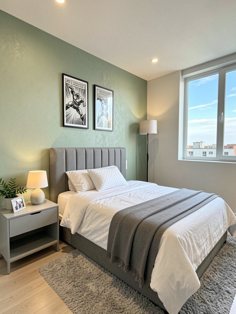 Quarto com cabeceira estofada em tecido azul, parede verde, roupa de cama branca e luminárias de mesa.
