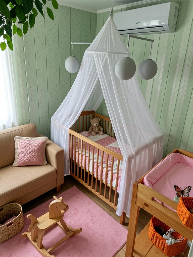 Quarto de bebê menina com berço, cômoda e poltrona em tons suaves, estilo moderno.