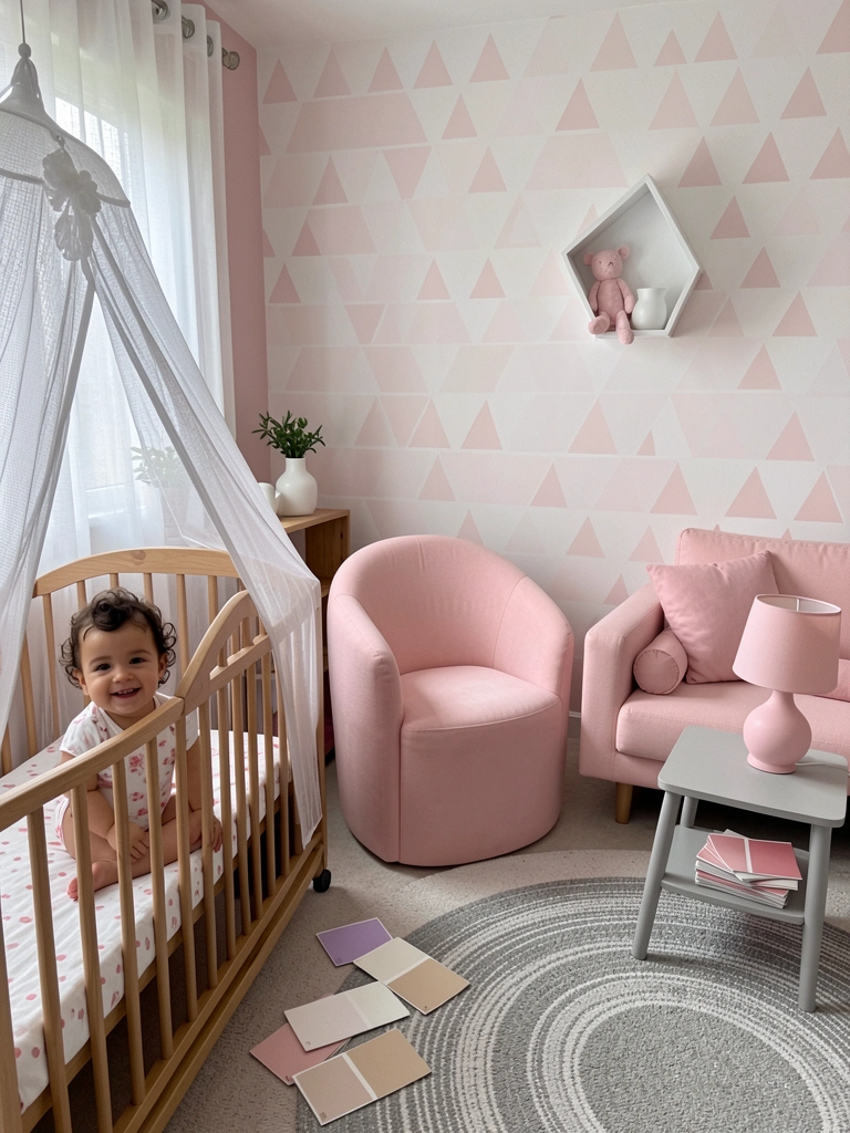 Amostras de tinta nas cores lilás, rosa seco, off-white e bege sobre superfície clara
