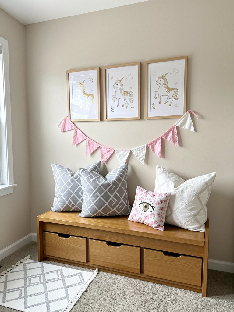 Quarto de bebê com paleta neutra em tons de bege, cinza e off-white, berço de madeira e móveis claros