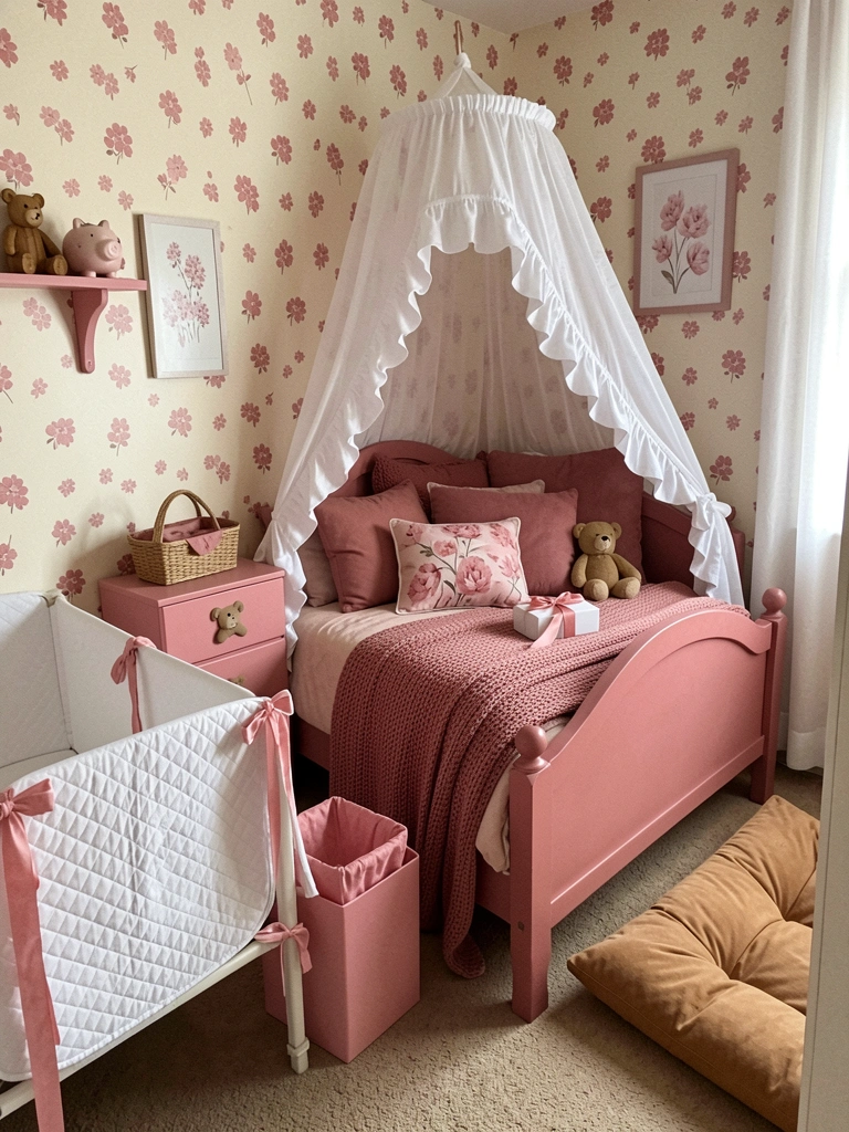 Quarto com almofadas, manta e quadro em tons de rosa seco sobre cama de madeira clara