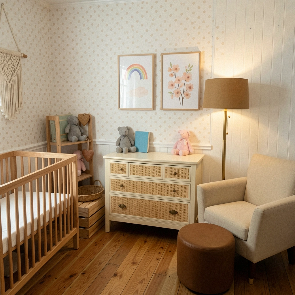 Quarto boho com macramê na parede, cesto de palha e berço de madeira