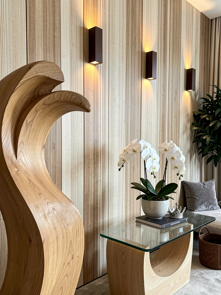Sala de estar com arandelas de parede acesas, sofá cinza e mesa de centro de madeira, iluminação quente.