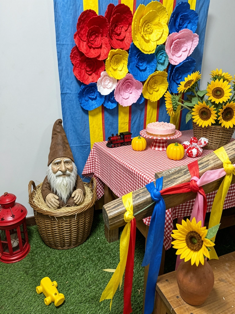 Corrimão de madeira com fitas coloridas amarradas e vaso de barro com girassol ao lado