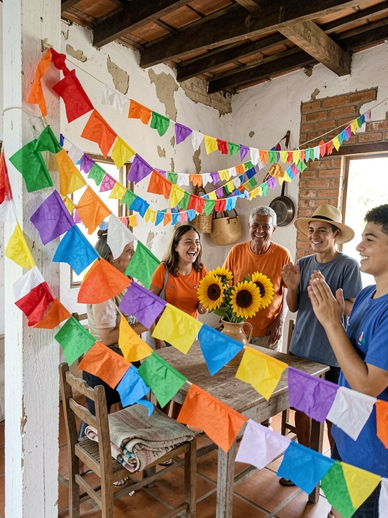 Bandeirinhas de papel de seda coloridas penduradas em varal atravessando sala com parede de tijolos e móveis de madeira