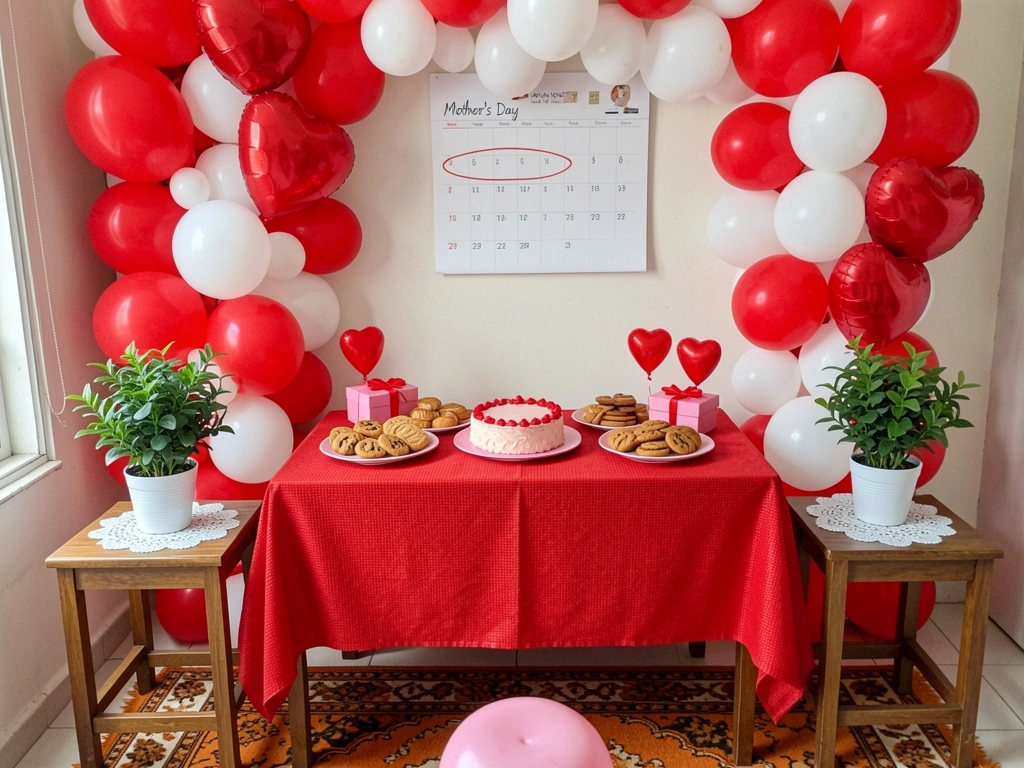 Calendário de parede com uma semana marcada em vermelho, sobre mesa de madeira clara.