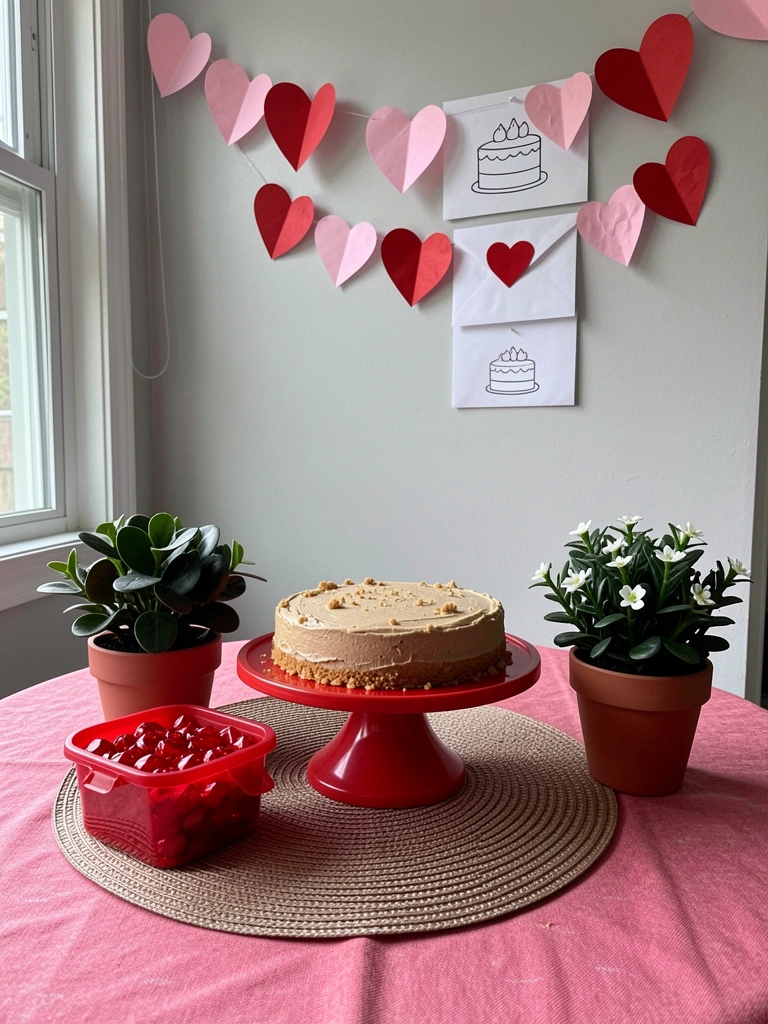 Mesa posta com toalha clara, jogo americano de fibra natural e centro de mesa baixo com flores