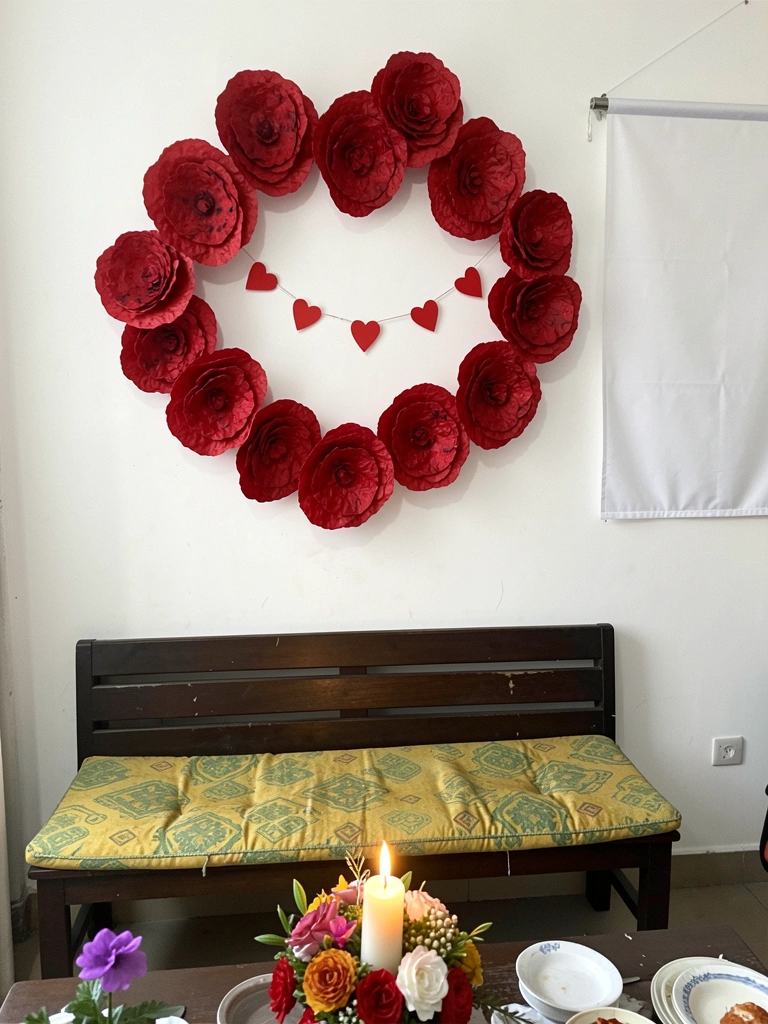 Arranjo baixo de flores brancas e vela acesa sobre mesa posta, ao lado de pratos