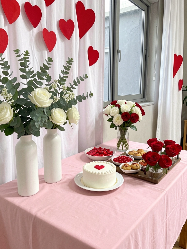 Mesa com toalha rosa claro, arranjo de flores brancas e louça sobre tampo de madeira