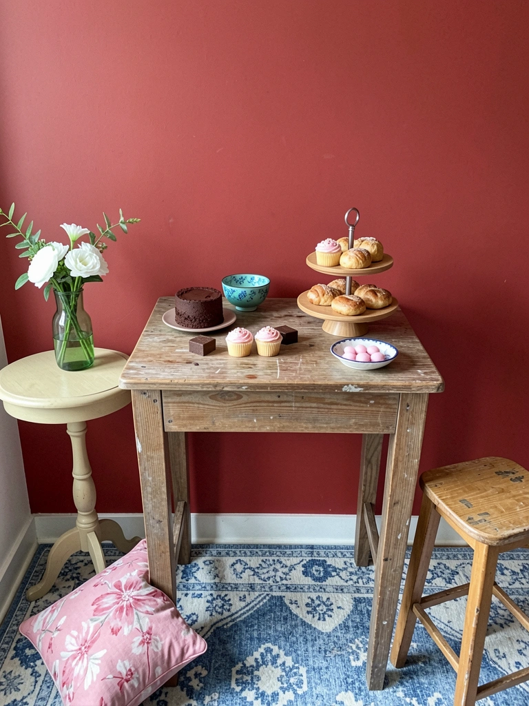 Mesa posta com toalha clara, pratos brancos, talheres de metal e um pequeno arranjo de flores ao centro