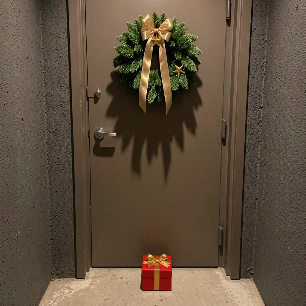Porta de apartamento com guirlanda verde e fita de cetim, iluminada por luz quente