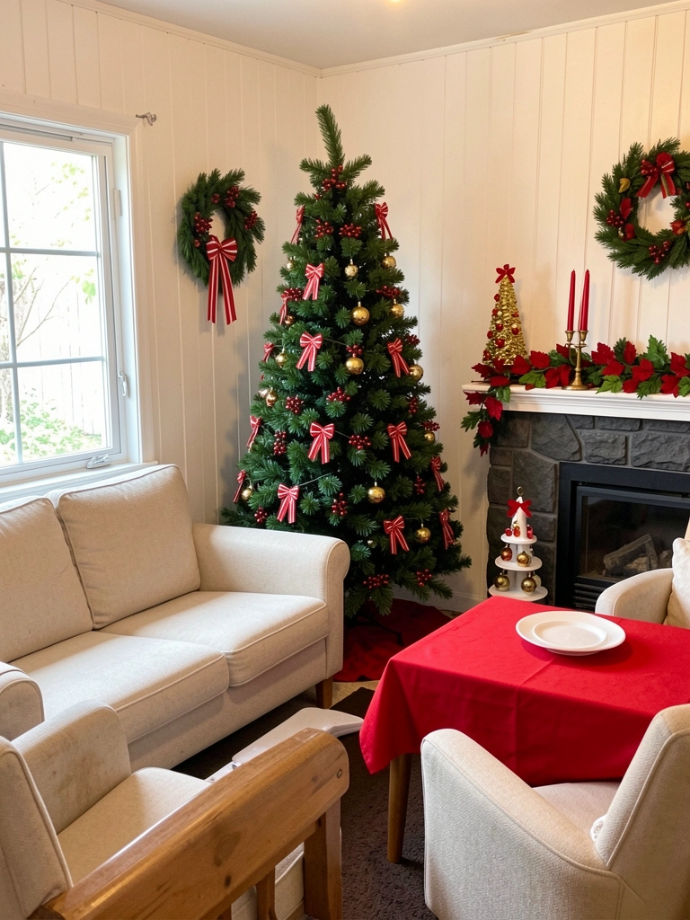 Árvore de Natal de 1,50 m com luzes acesas entre um sofá e uma janela em sala pequena