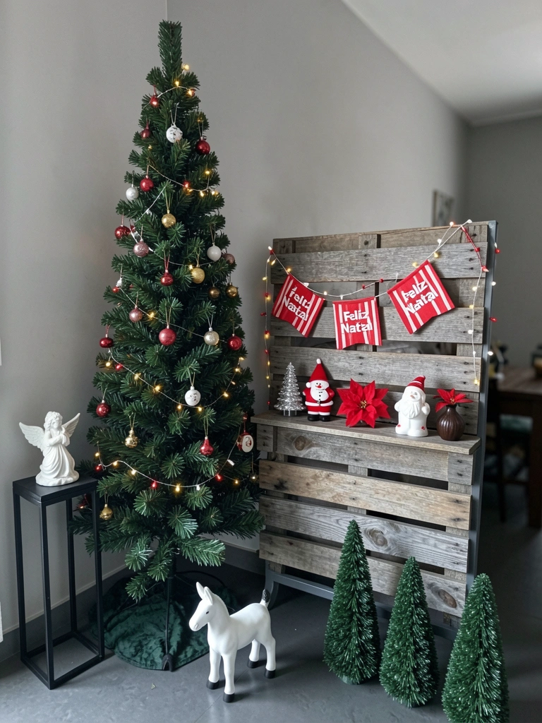 Árvore de Natal alta em sala de estar, com ponteira próxima ao teto e luzes acesas.