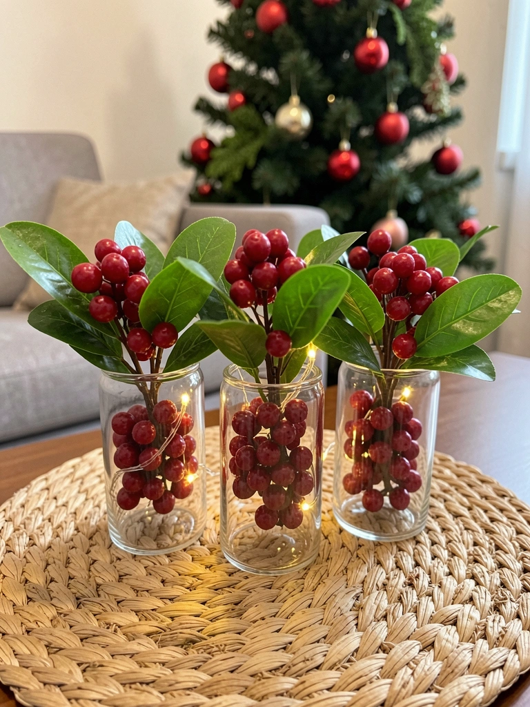 Árvore de Natal pequena encaixada no canto entre o sofá e a parede, com luzes acesas.