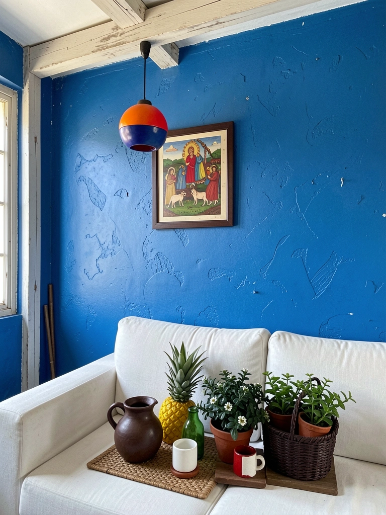Sala com sofá branco encostado em parede azul forte e vasos de barro sobre mesa de madeira