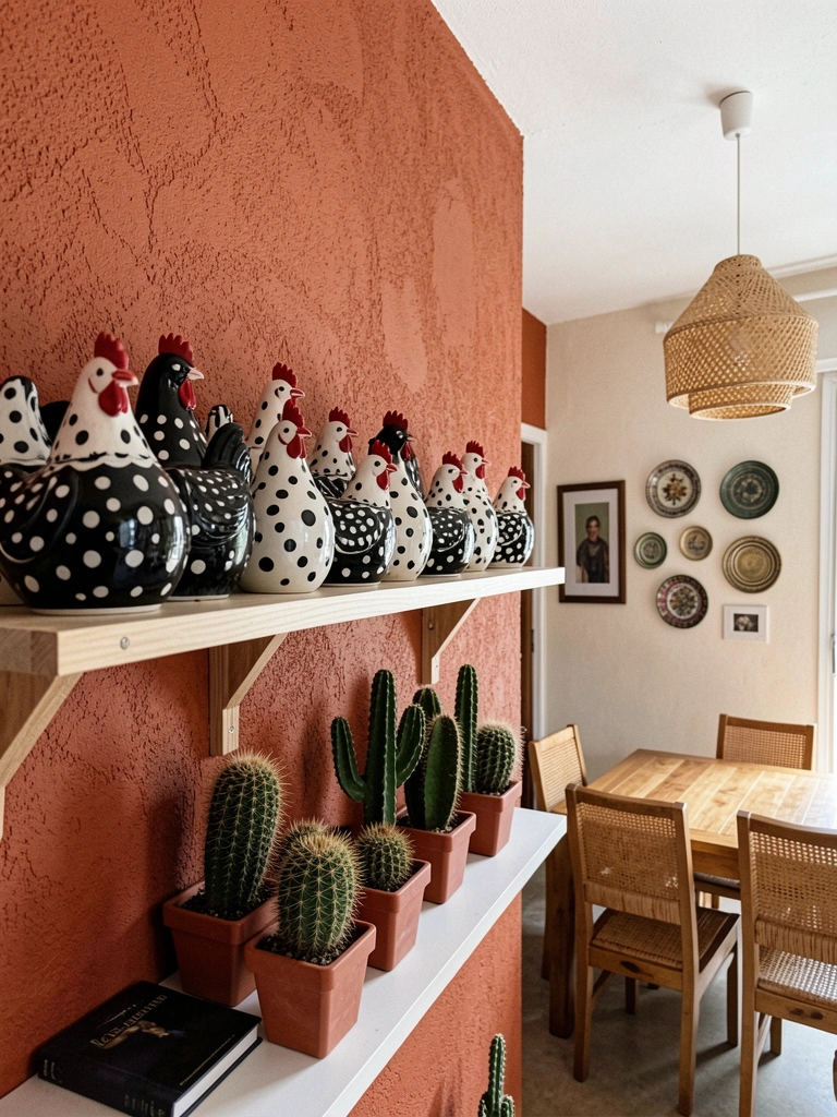 Parede pintada de terracota em tom quente, com rodapé branco e piso de madeira em ambiente pequeno.