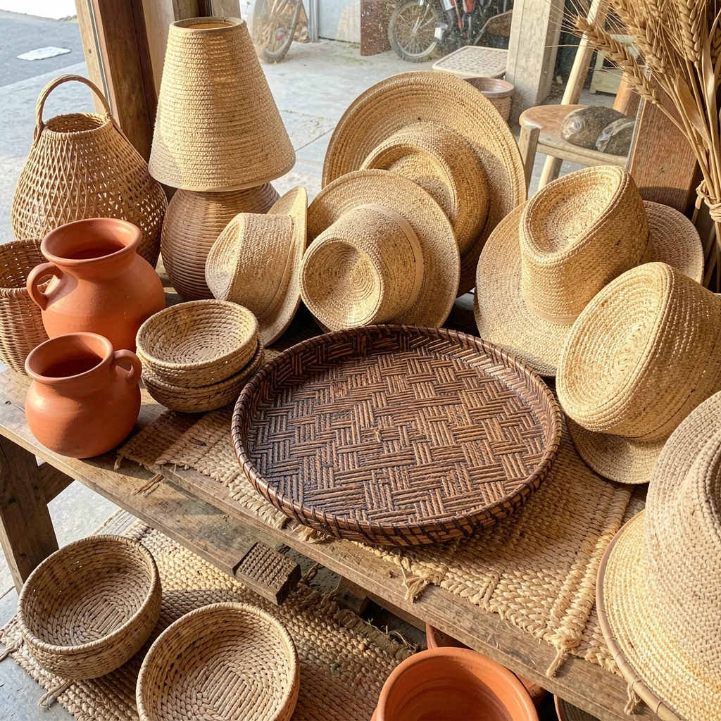 Tapete de sisal bege sobre piso claro, cesto de buriti ao lado e luminária de palha pendente