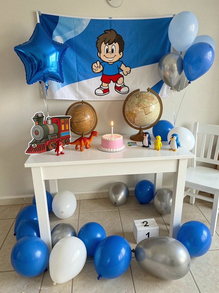 Quarto infantil com parede azul, estante de madeira com livros e um pequeno abajur aceso.