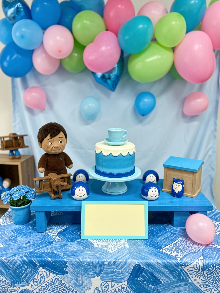 Quarto infantil com parede azul, estante de madeira com livros e um pequeno abajur aceso.