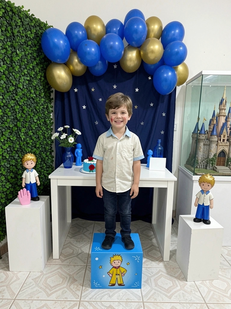 Parede branca com prateleira de madeira, vaso de planta e quadro com desenho do Pequeno Príncipe.