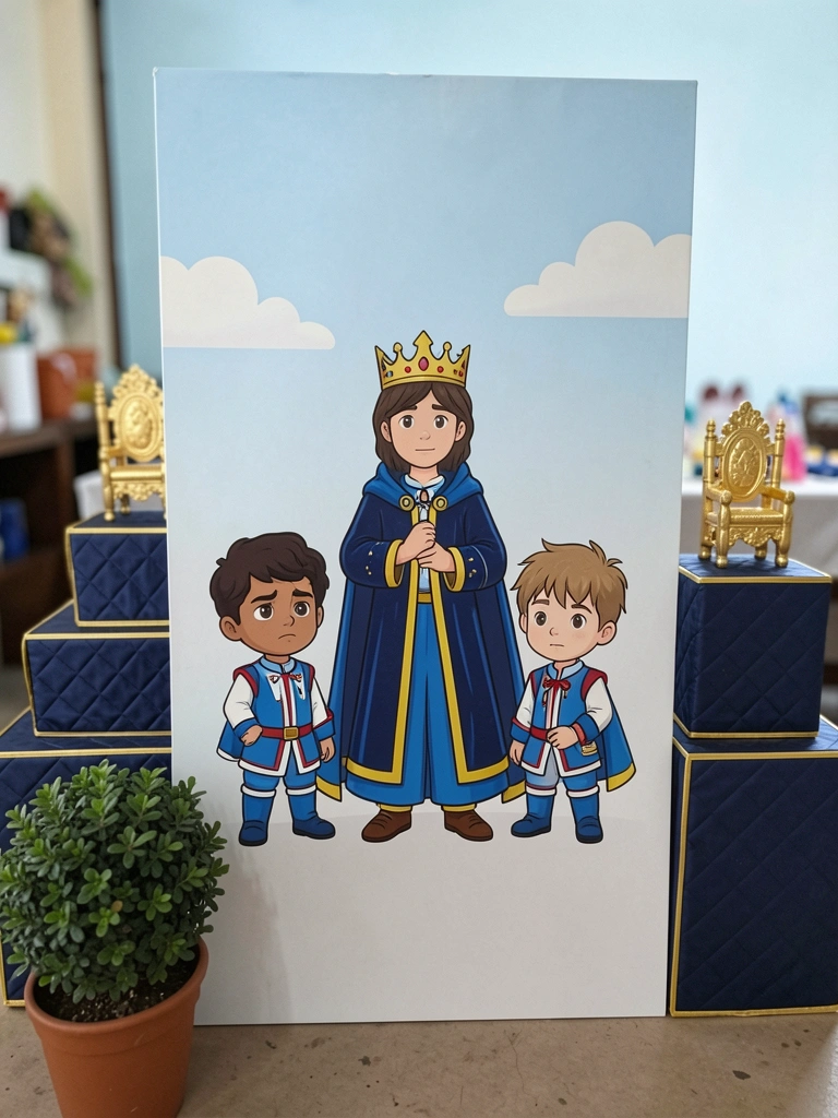 Parede clara com prateleira de madeira, pequeno avião de papel e livro infantil apoiado ao lado de uma luminária.