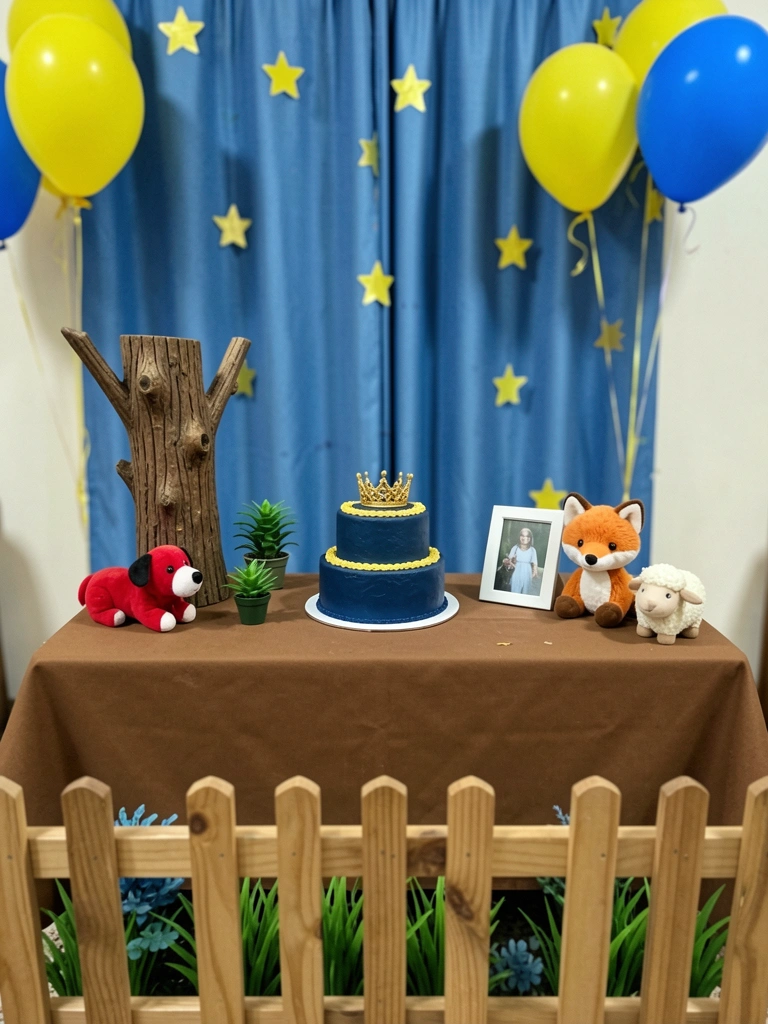 Quarto infantil com parede azul, estrelas douradas pintadas, cama baixa com roupa de cama branca e um pequeno abajur.