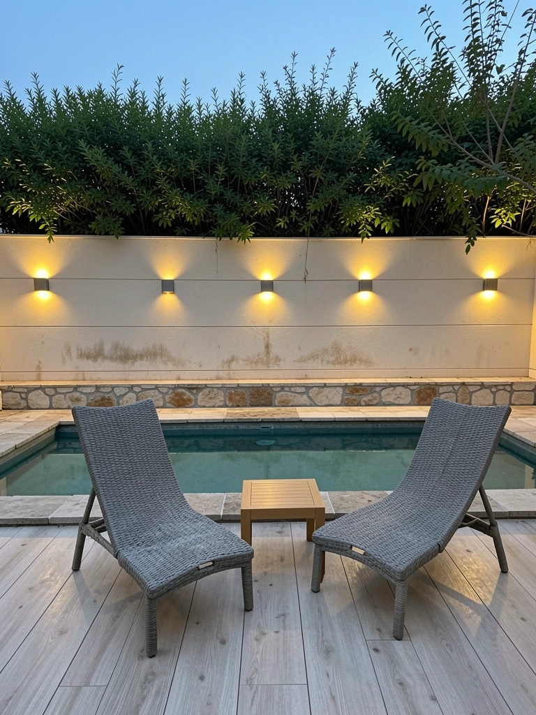 Área externa com piscina retangular, espreguiçadeiras de madeira e vasos de plantas tropicais ao redor do deck.