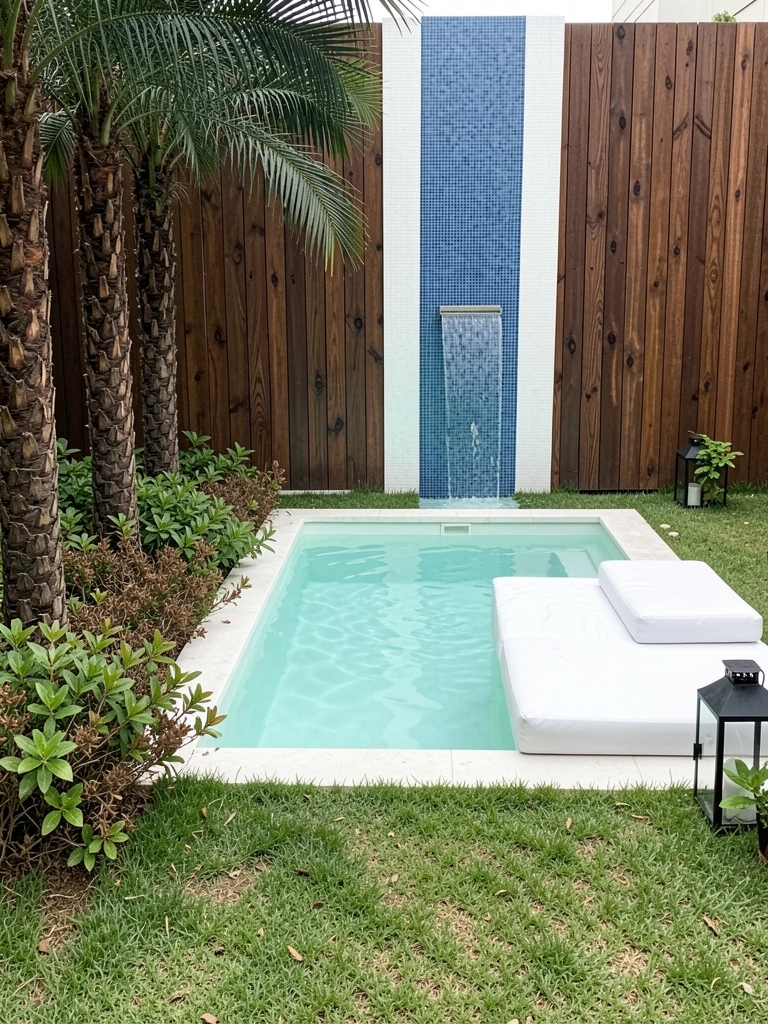 Piscina retangular com borda de pedra natural e espreguiçadeiras de madeira sobre deck molhado