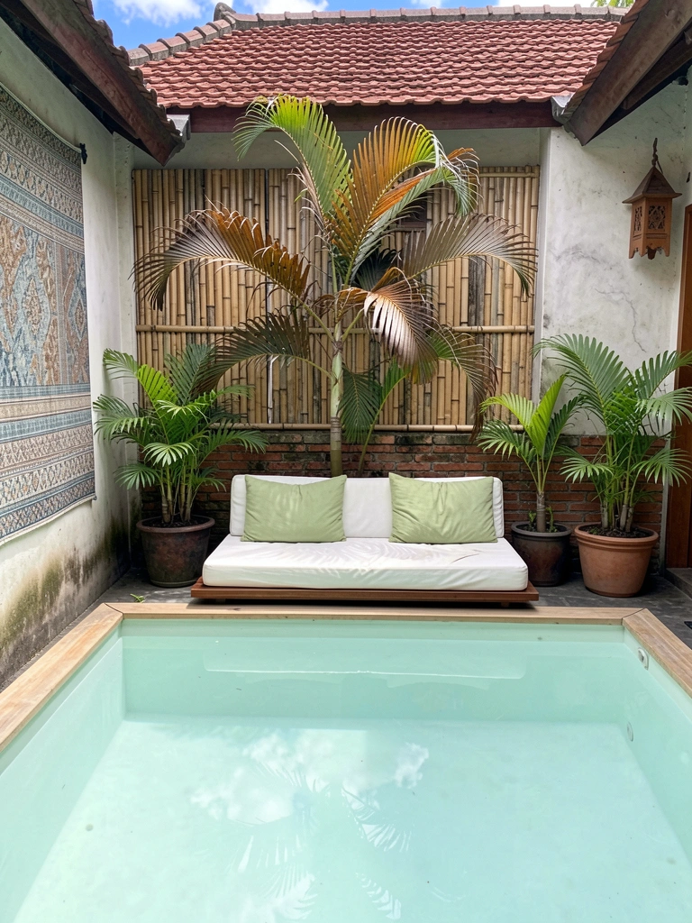 Área externa com piscina retangular, espreguiçadeiras de madeira e vasos de plantas tropicais ao redor do deck.
