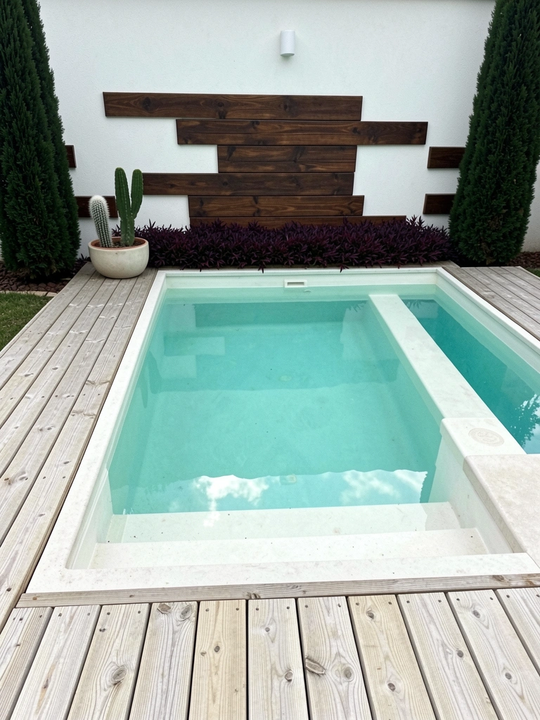 Área externa com piscina retangular, espreguiçadeiras de madeira e vasos de plantas tropicais ao redor do deck.