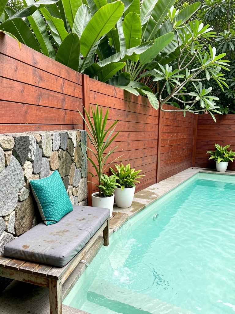 Piscina retangular de borda infinita com espreguiçadeiras de madeira e vasos de plantas tropicais ao redor