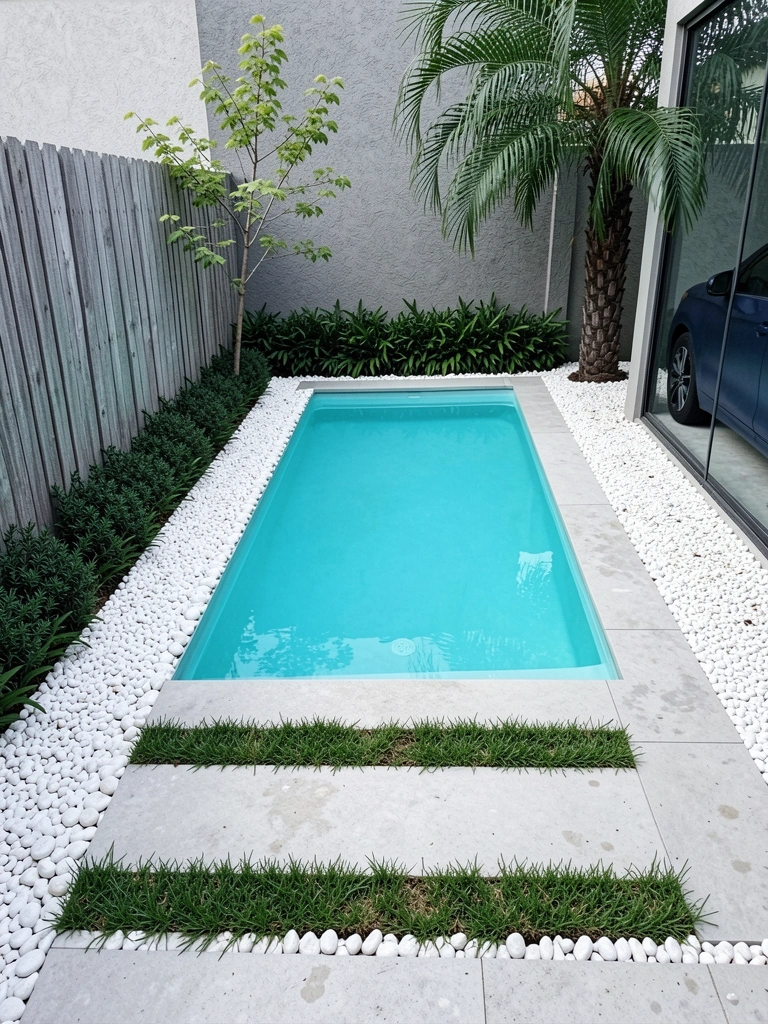 Área externa com piscina retangular, espreguiçadeiras de madeira e vasos de plantas tropicais ao redor do deck