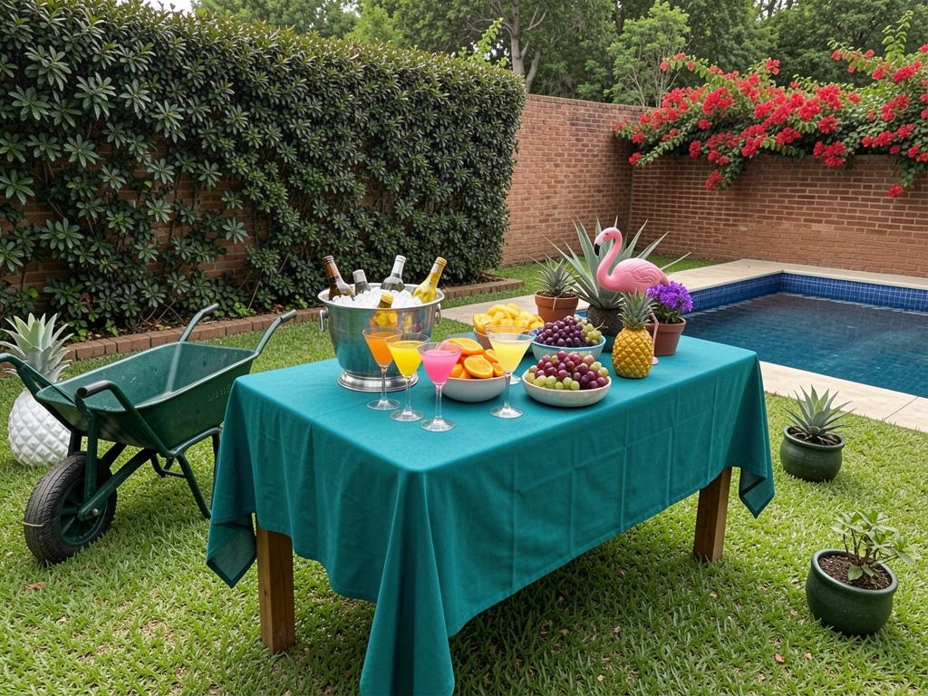 Área externa com piscina retangular, espreguiçadeiras de madeira e vasos de plantas tropicais ao redor do deck.
