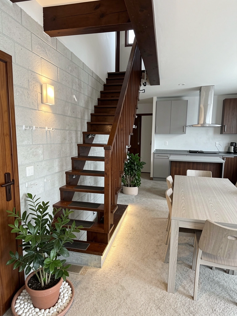 Vão de escada em apartamento com fitas adesivas aplicadas nos degraus e na parede lateral.