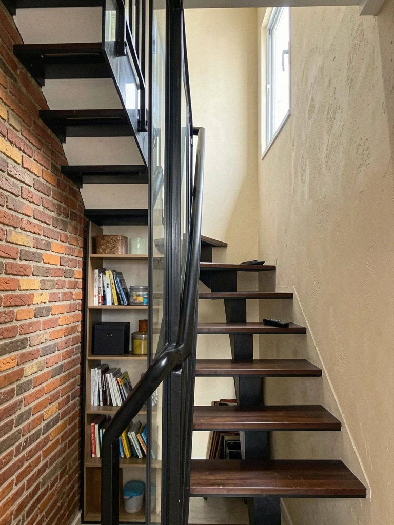 Vão sob escada de estrutura vazada com vasos de cerâmica e banco de madeira sobre piso claro