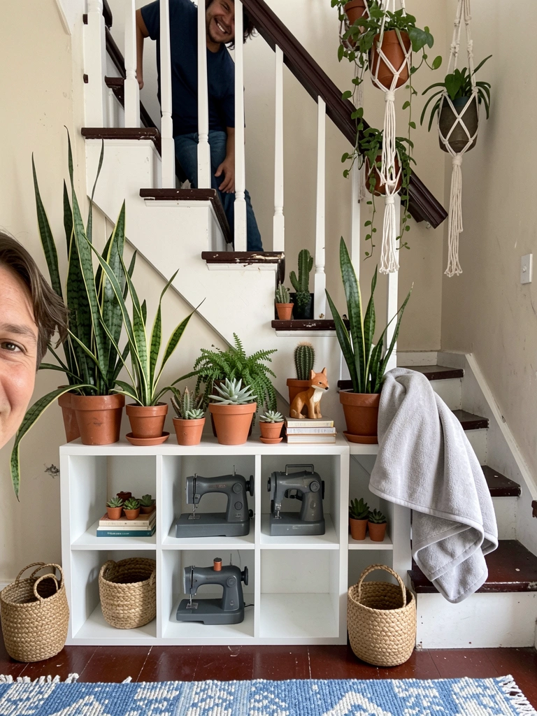 Vão sob escada vazada com plantas e banco de madeira sobre piso de cimento queimado