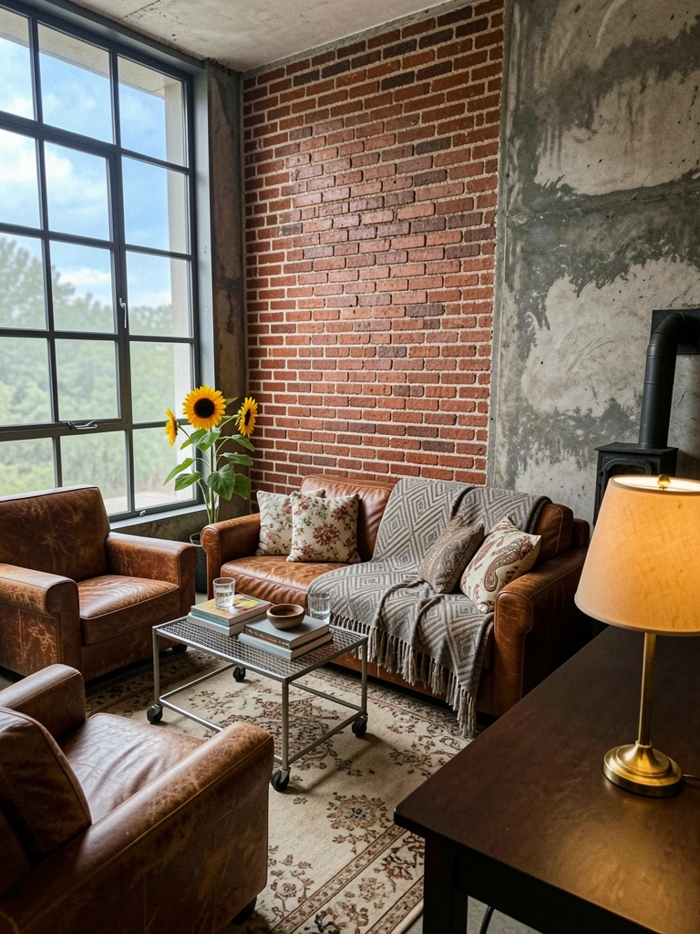 Sala com parede de tijolos aparentes, estante de metal e madeira, sofá cinza e luminária pendente industrial.