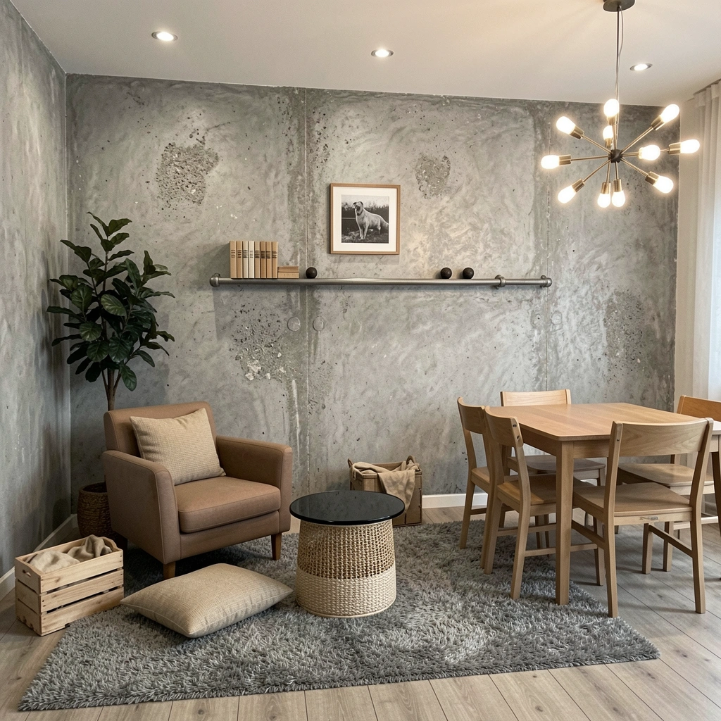 Sala com parede de tijolos aparentes, sofá de couro marrom e luminárias pendentes de metal preto.
