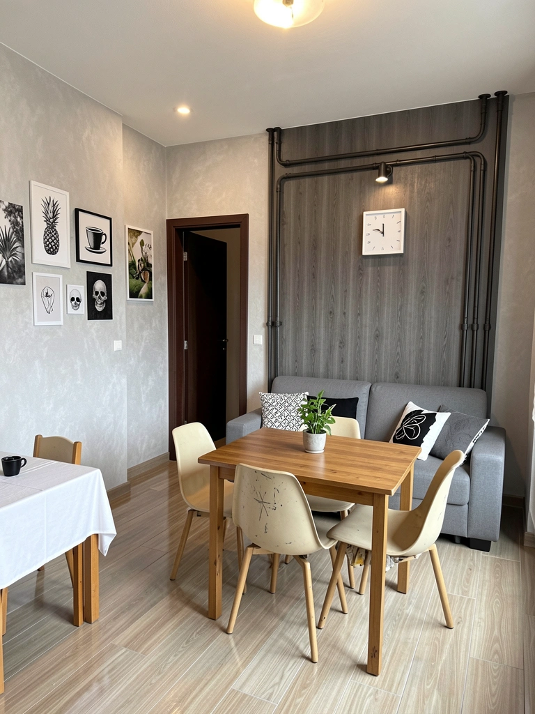 Sala com parede de tijolos aparentes, sofá de couro caramelo e luminária pendente de metal preto