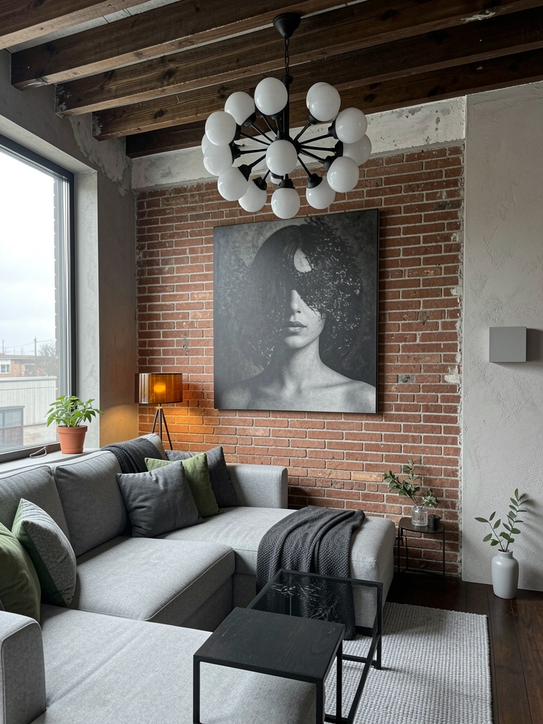 Sala com parede de tijolos aparentes, sofá de couro marrom, luminária de ferro pendente e piso de concreto queimado.