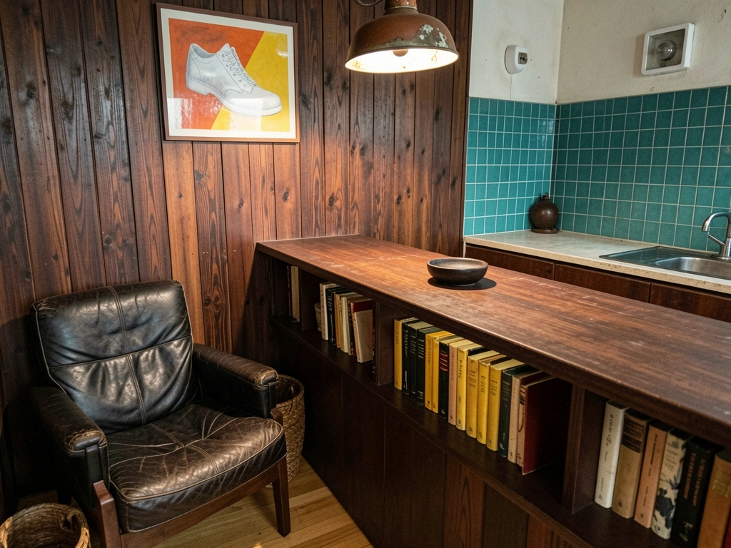 Sala de estar com poltrona de madeira e tecido mostarda, luminária de pé e estante baixa sobre piso de tábua corrida.